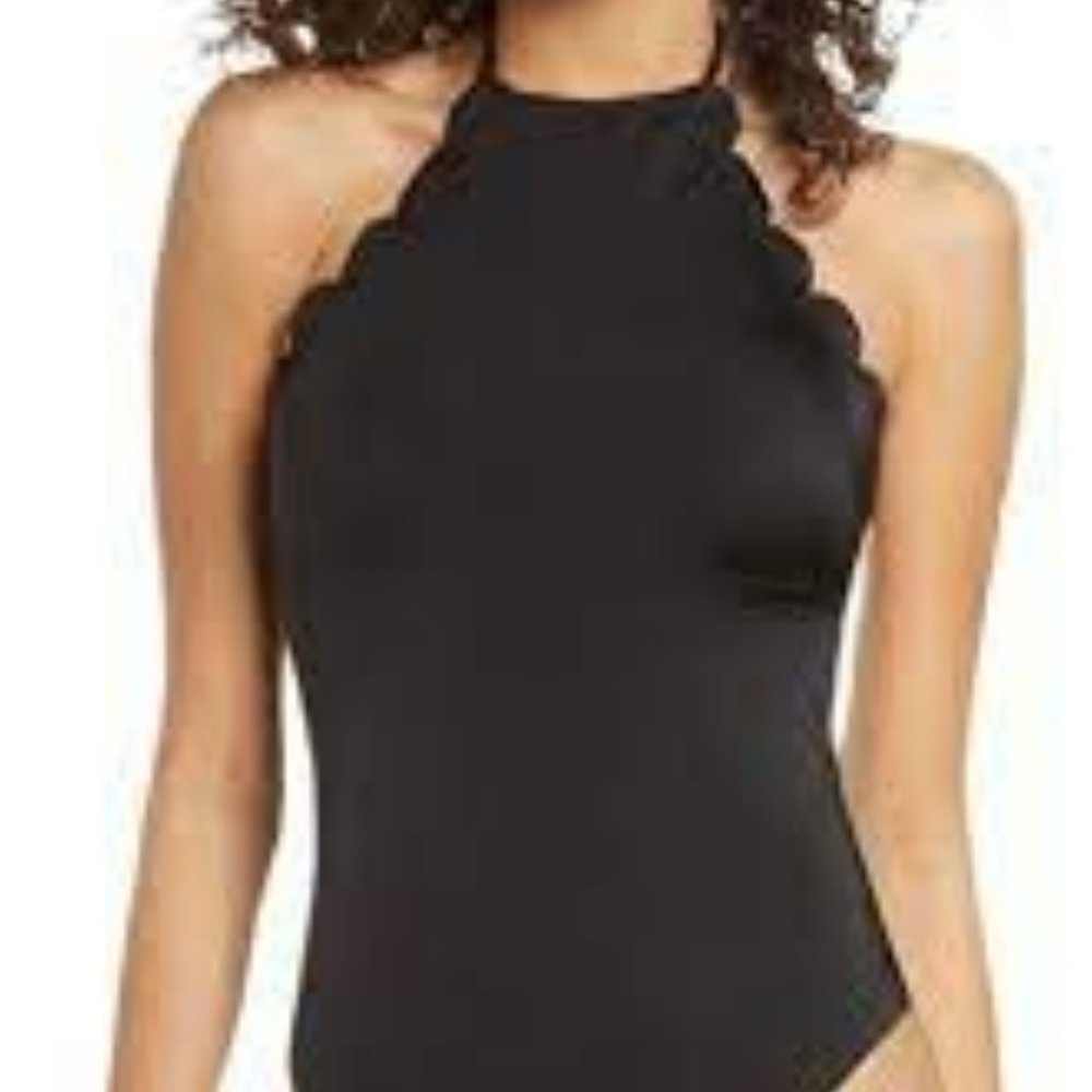 Chelsea28 Black High Neck Scalloped 1-pc Swimsuit M